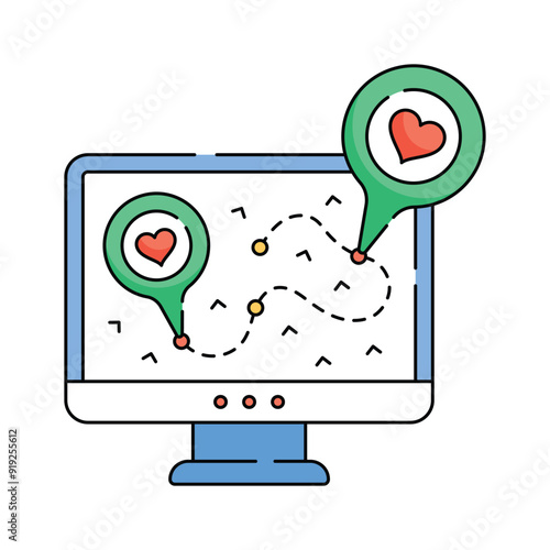Heart marked map icon, perfect for travel, location-based services, or romantic getaways
