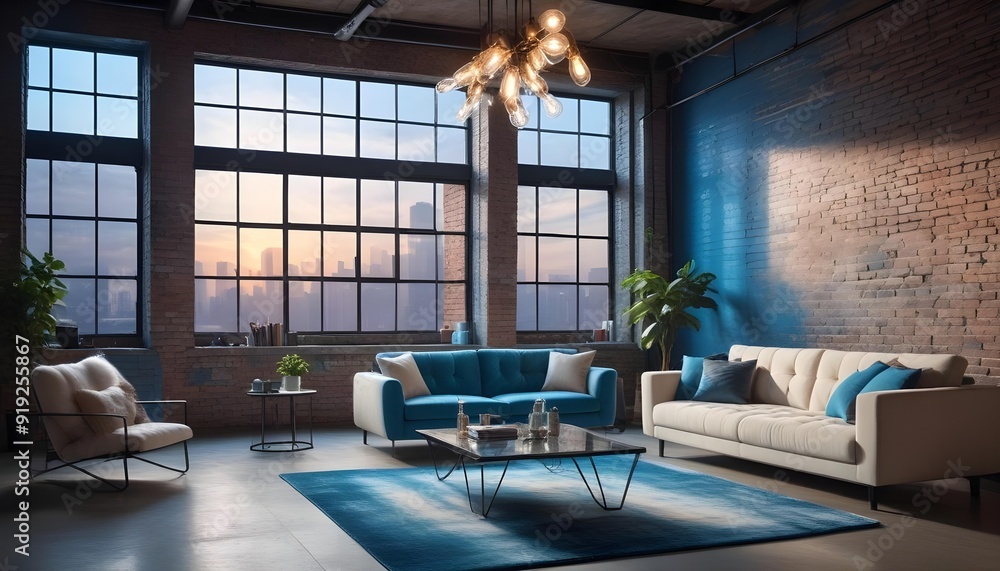 A well-furnished living room with a large grey sectional sofa and a wooden coffee table, brightened by sunlight streaming through multiple large windows, showcasing a chic indus A well-furnished living room with a large grey sectional sofa and a wooden coffee table, brightened by sunlight streaming through multiple large windows, showcasing a chic indus