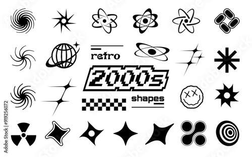 Trendy set of Y2k elements for graphic design. Geometric brutalshapes, retro graphic elements. Stars, shapes, symbols in y2k style.