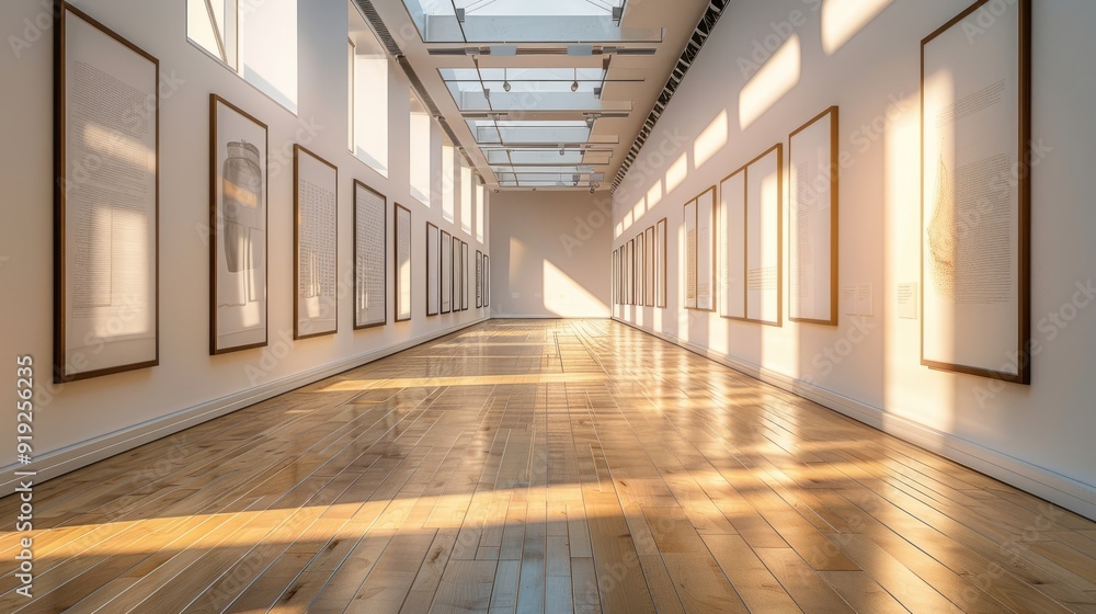 Sunlit art gallery with wooden floors showcasing framed artwork during the afternoon Sunlit art gallery with wooden floors showcasing framed artwork during the afternoon