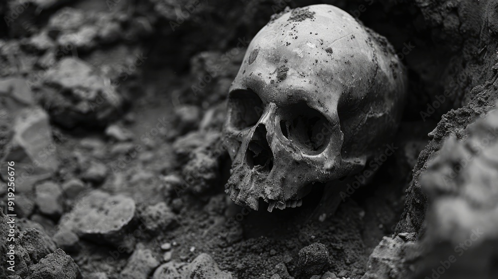 Human skull partially buried in earthy ground at an archaeological dig site Human skull partially buried in earthy ground at an archaeological dig site