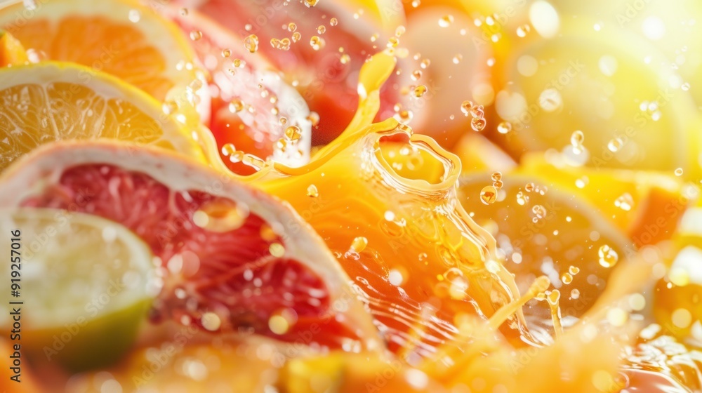 Fresh fruit juice splash with variety of fruits macro closeup view Fresh fruit juice splash with variety of fruits macro closeup view