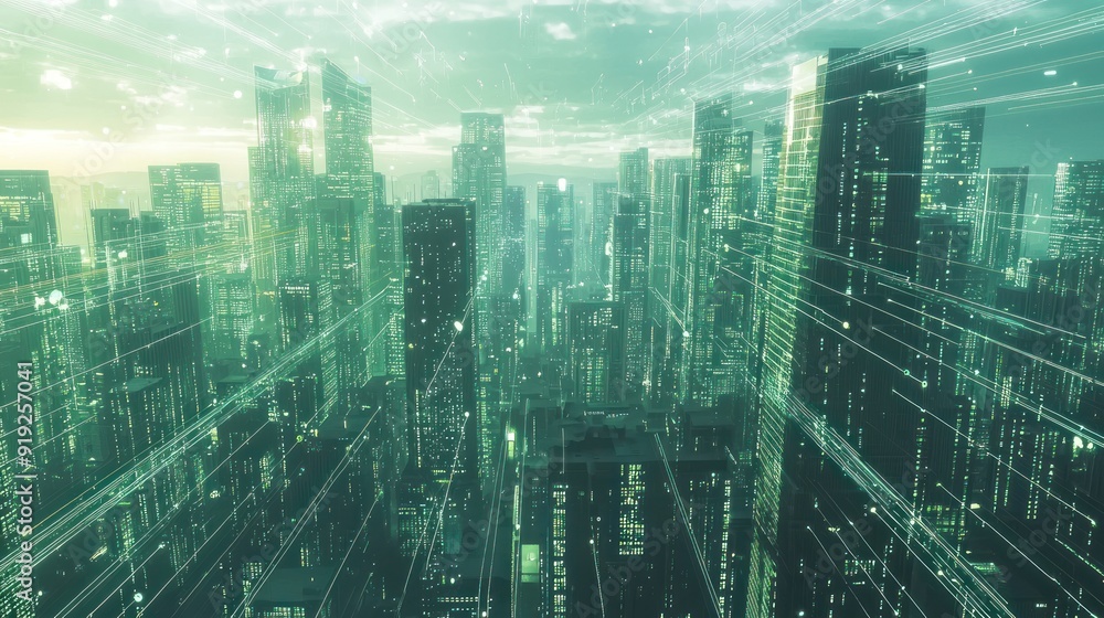 Futuristic Cityscape with Illuminated Buildings and Digital Lines Futuristic Cityscape with Illuminated Buildings and Digital Lines