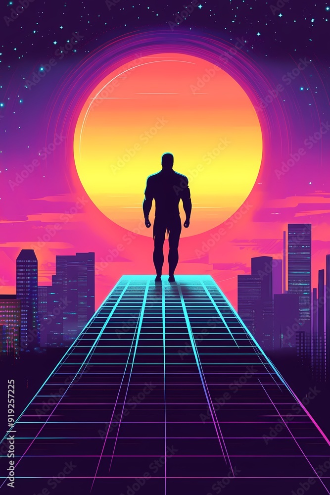 A silhouette of a man stands on a futuristic platform facing a bright yellow sun against a purple and pink sky. A silhouette of a man stands on a futuristic platform facing a bright yellow sun against a purple and pink sky.