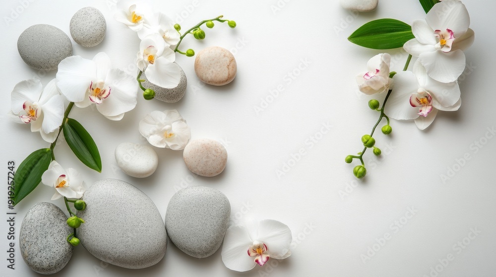 White Orchids and Smooth Stones on a White Background White Orchids and Smooth Stones on a White Background