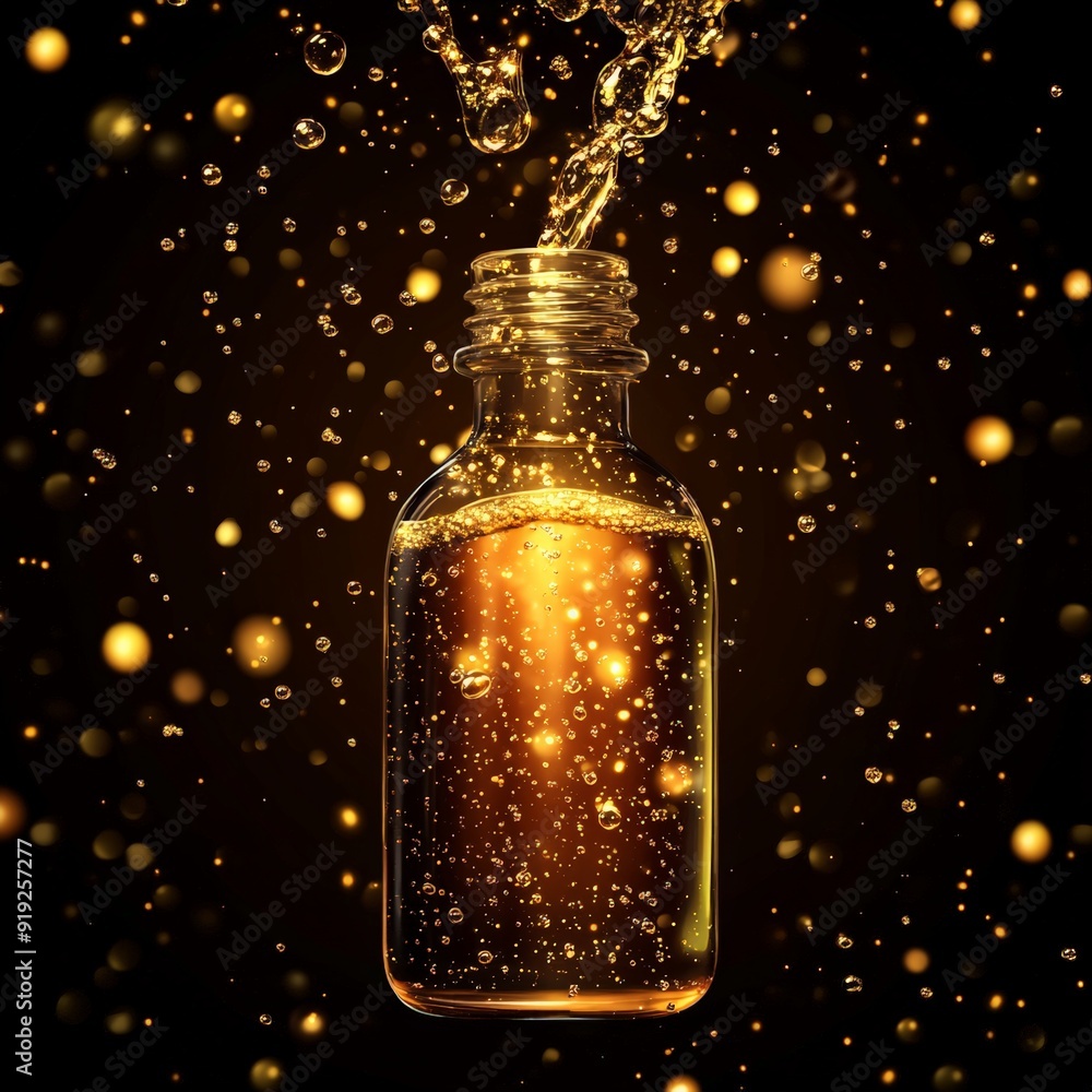 A close-up of an amber bottle being filled with golden liquid, surrounded by sparkling golden bubbles, symbolizing luxury and premium skincare. A close-up of an amber bottle being filled with golden liquid, surrounded by sparkling golden bubbles, symbolizing luxury and premium skincare.