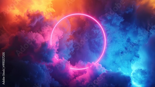 Abstract neon circle in vibrant clouds of purple, orange, and blue hues creating a surreal atmosphere