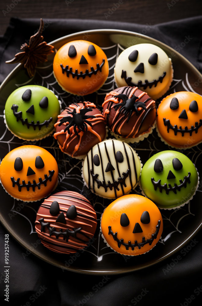 Obraz premium A festive dessert collection of colorful Halloween themed mini cupcakes decorated with Jack-O'-Lantern faces, perfect for celebrating Halloween parties. Vertical, top view.