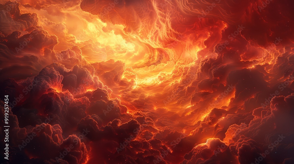 Fiery clouds illuminated by cosmic light in a dramatic celestial display Fiery clouds illuminated by cosmic light in a dramatic celestial display
