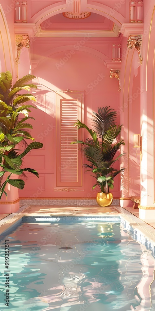 Fototapeta premium Pink Indoor Pool With Palm Trees