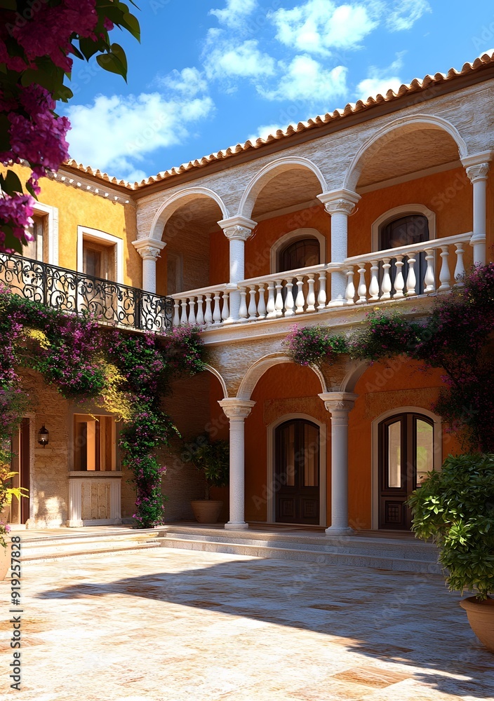 Fototapeta premium Mediterranean Courtyard with Arched Entryway