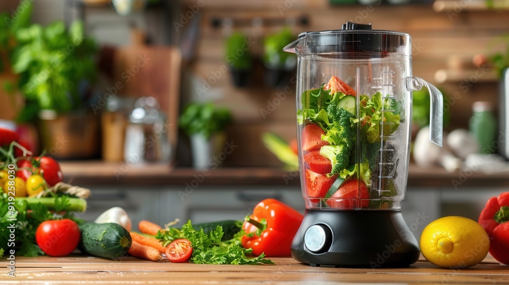 Blender mixer in kitchen with various vegetables ready to make vegetable smoothie drink. Blender mixer in kitchen with various vegetables ready to make vegetable smoothie drink.