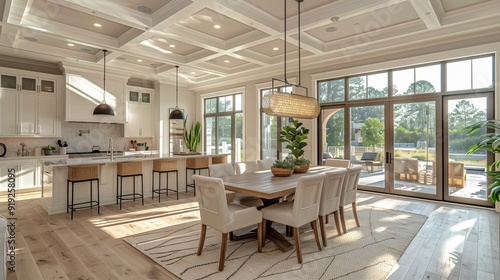 Modern open-concept dining room with abundant natural light, a large wooden dining table, and neutral-toned furnishings, offering a bright and airy feel.