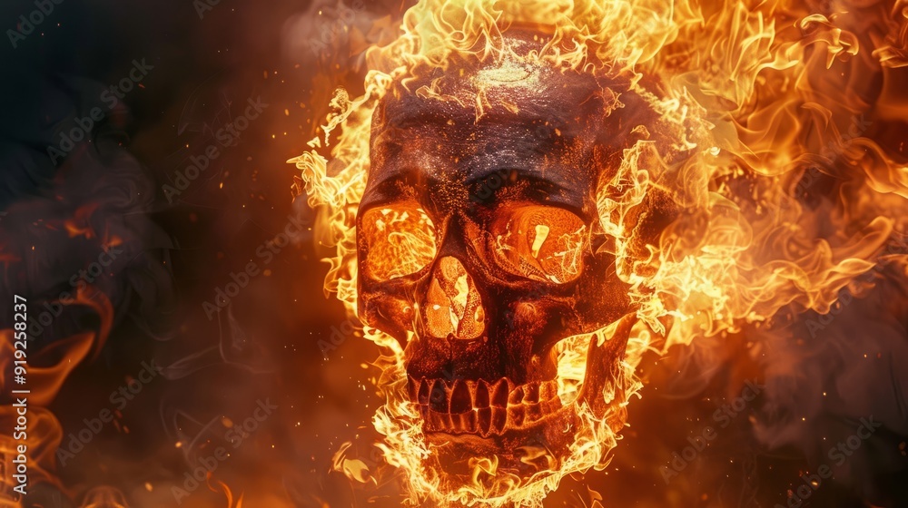Flaming skull surrounded by smoke and fire in a dark environment at night Flaming skull surrounded by smoke and fire in a dark environment at night