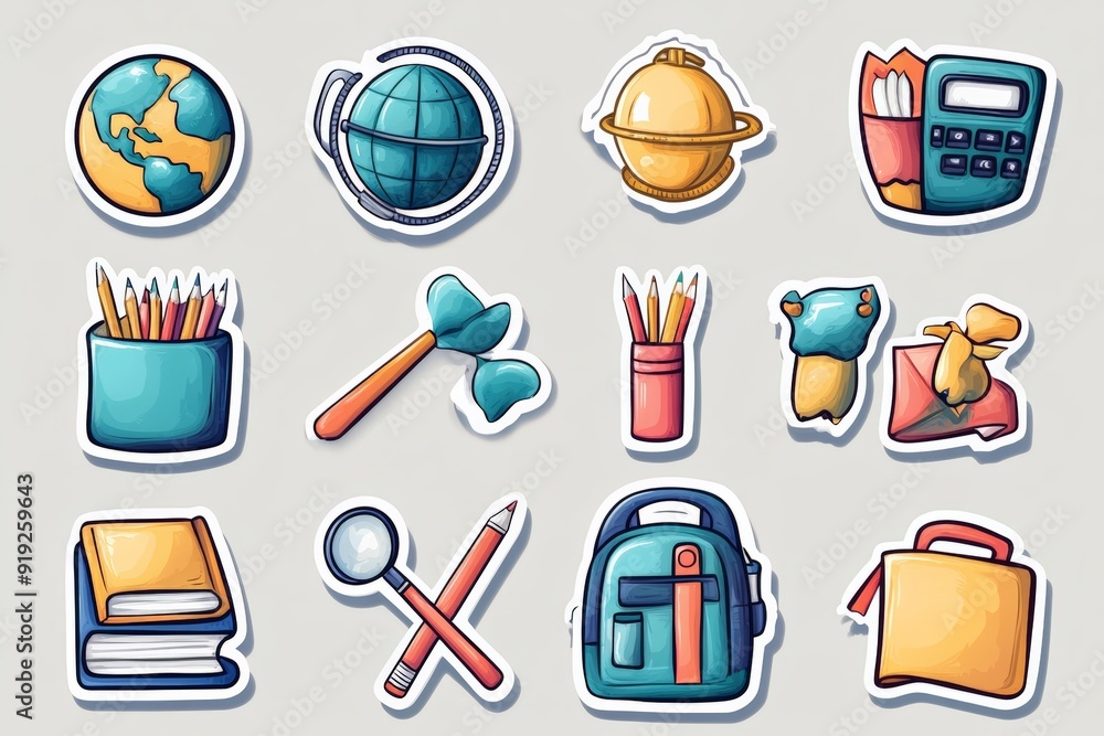 A fun and colorful collection of school-themed stickers featuring globes, pencils, books, and backpacks, perfect for educational projects. A fun and colorful collection of school-themed stickers featuring globes, pencils, books, and backpacks, perfect for educational projects.