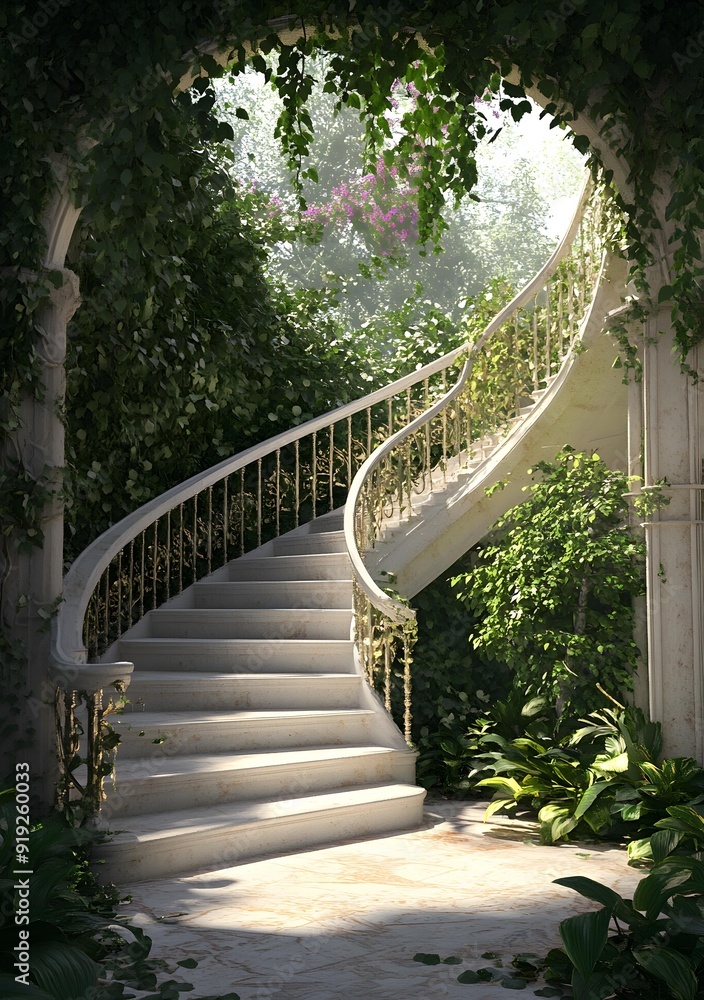 Fototapeta premium White Stone Staircase Leading to a Lush Garden