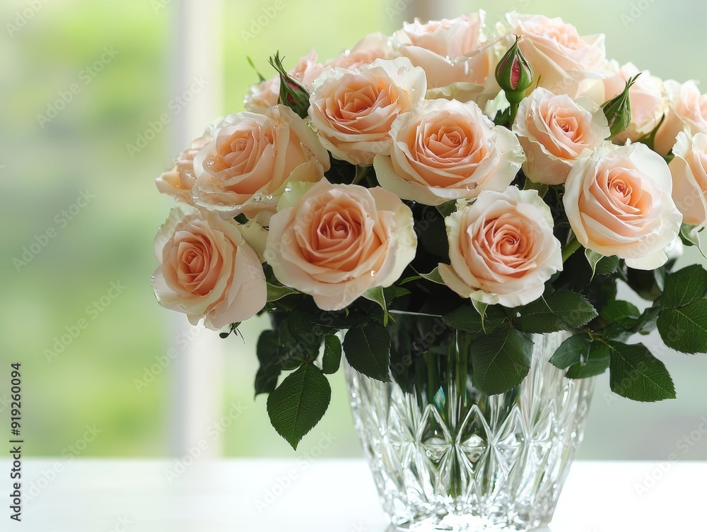 Obraz premium A detailed image of a bouquet of roses in a crystal vase, with droplets of water on the petals and the soft light of a nearby window illuminating the scene
