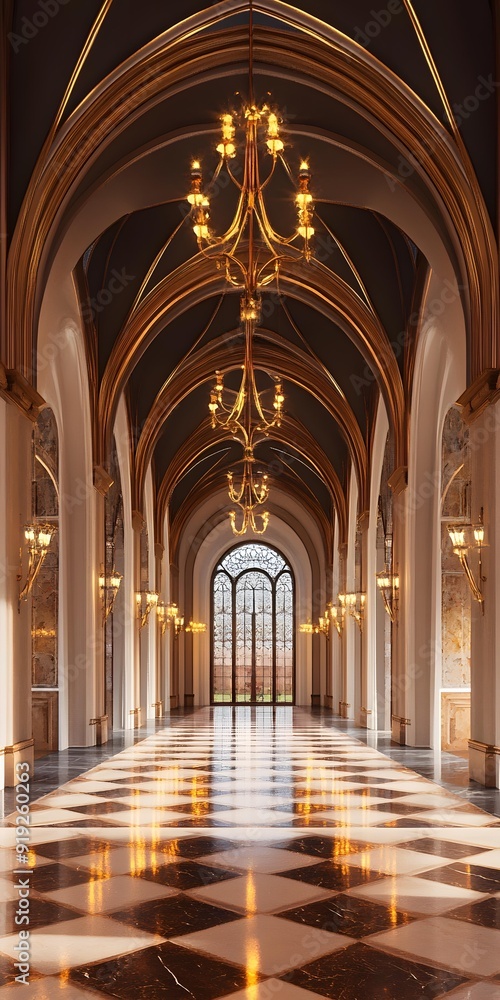 Golden Chandelier in a Grand Hallway with Checkerboard Floor Golden Chandelier in a Grand Hallway with Checkerboard Floor