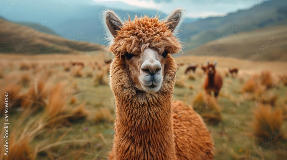 Obraz premium A fluffy alpaca in a hilly landscape, looking off into the distance.