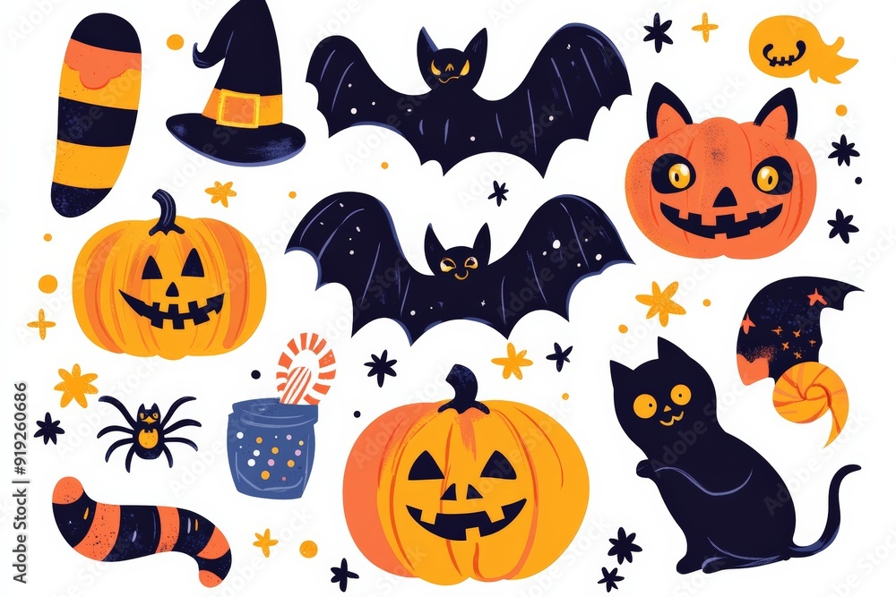 Fototapeta premium A fun Halloween-themed illustration featuring classic Halloween icons like bats, pumpkins, witches' hats, and more.