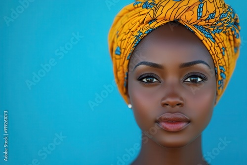 powerful portrait of african woman wearing vibrant headscarf strong features and dignified expression celebrate cultural heritage and black identity