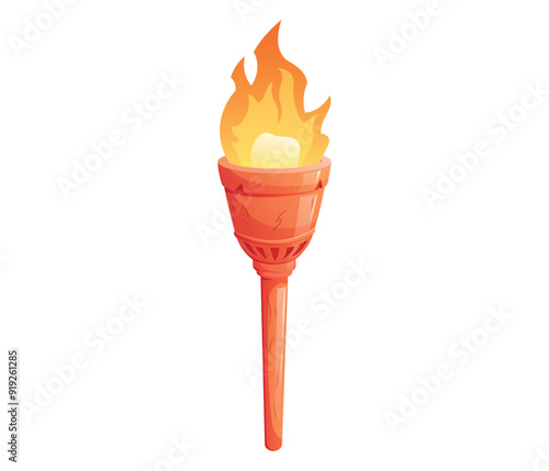 Ancient metal Medieval torch with burning fire. Cartoon element for pc game, flaming torchlight or lighting flambeau. Vector isolated illustration.