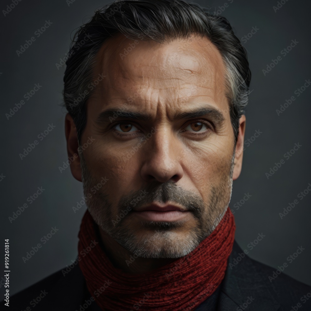 Fototapeta premium A stunning high-fashion portrait photograph of the head of a 42-year-old man, captured in exquisite detail, with a strong, defined jawline and prominent facial features
