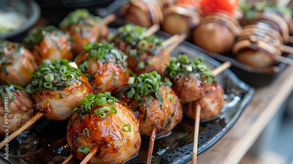 takoyaki dish on restaurant table takoyaki dish on restaurant table