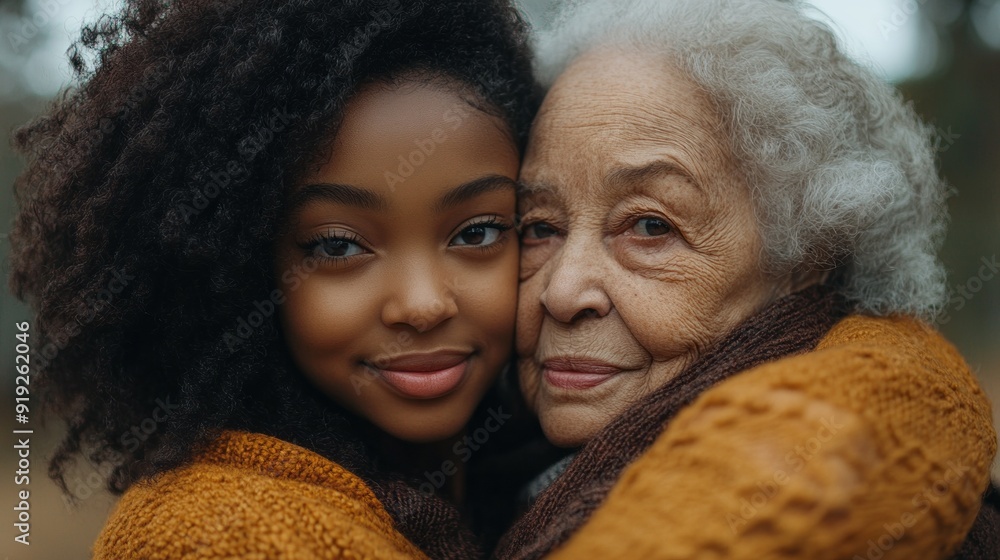 Two women, one young and one old, embrace each other Two women, one young and one old, embrace each other