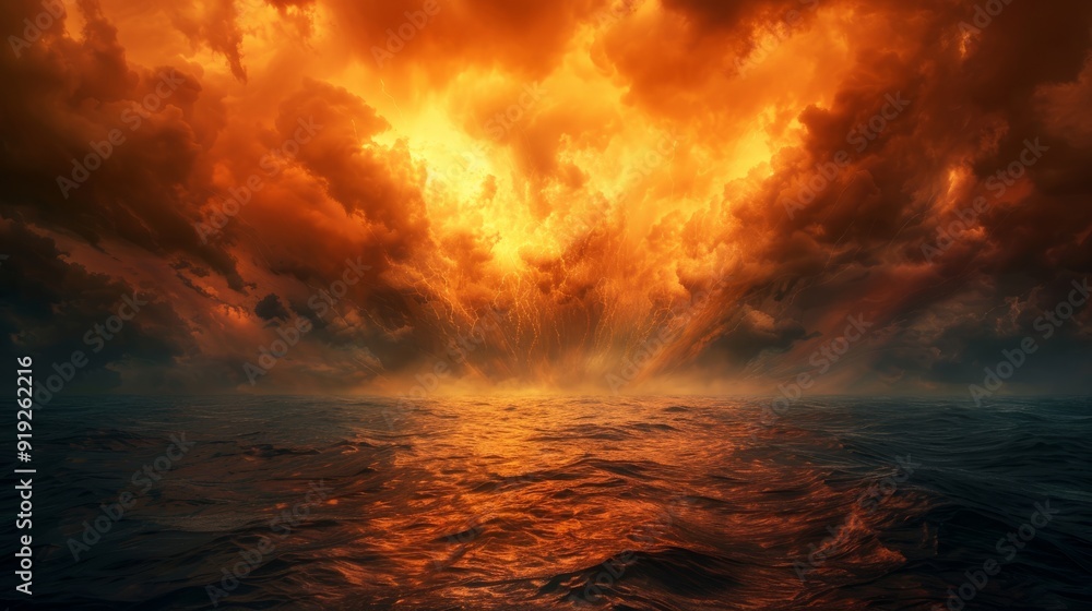 Dramatic sunset over a turbulent ocean with fiery clouds at dusk Dramatic sunset over a turbulent ocean with fiery clouds at dusk