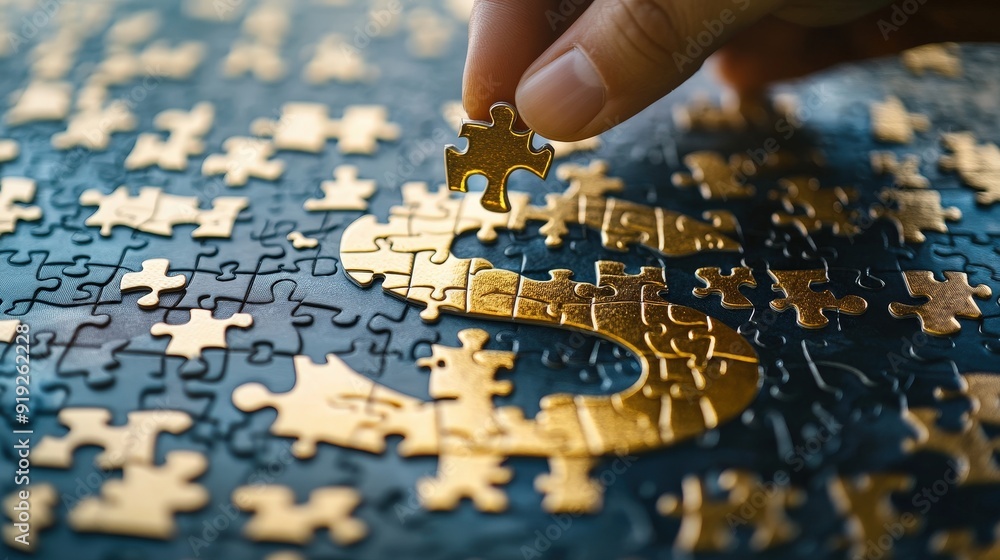 Close-up of a hand placing the final piece in a golden dollar sign puzzle Close-up of a hand placing the final piece in a golden dollar sign puzzle