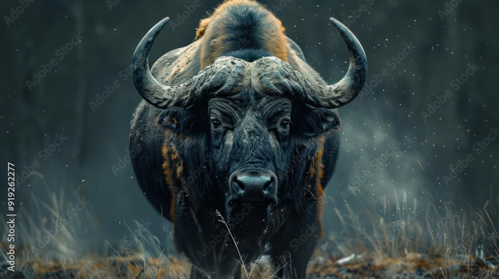 Naklejka premium A majestic buffalo, possibly a bull bison or a yak in the snow during winter.