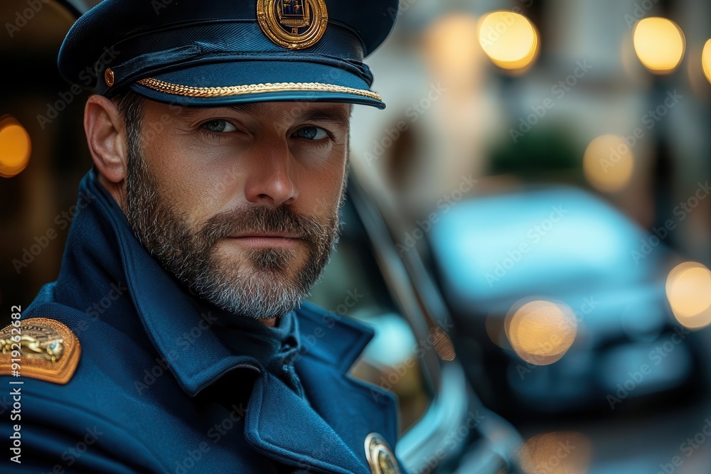 professional chauffeur in crisp uniform standing attentively beside luxury vehicle focus on drivers poise and cars elegant details suggesting exclusive transportation service professional chauffeur in crisp uniform standing attentively beside luxury vehicle focus on drivers poise and cars elegant details suggesting exclusive transportation service