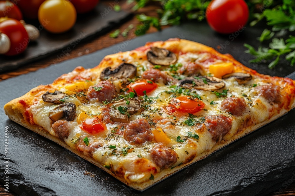 Gourmet square pizza topped with sausages, cherry tomatoes, and fresh herbs. Gourmet square pizza topped with sausages, cherry tomatoes, and fresh herbs.