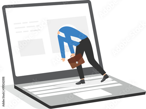 a man in business clothes on his knees, went his head out the window with a chart on a laptop screen and a red arrow pointing down,

