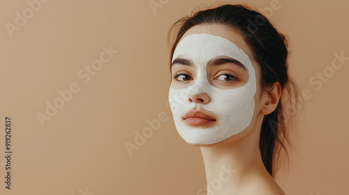 A young European lady poses with a facial mask, enjoying beauty treatments, stood over a beige studio background, and looks directly at the camera