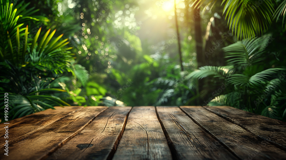 Serene background with wooden table in lush jungle at sunrise. Product presentation. Generative AI Serene background with wooden table in lush jungle at sunrise. Product presentation. Generative AI