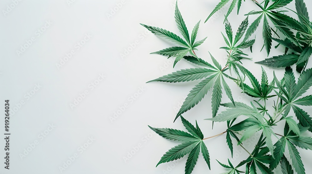Marijuana leaves on a white background, close up top view on cannabis leaves and branches on white background for alternative medical and marketing design concept Marijuana leaves on a white background, close up top view on cannabis leaves and branches on white background for alternative medical and marketing design concept