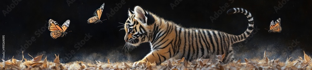 Obraz premium A Curious Tiger Cub with Butterflies in a Dusty Setting