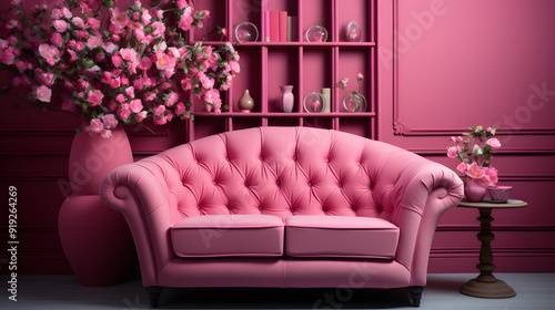 A bright pink lounge room decor, interior design, and house improvement feature living room furniture, sofa, and home decor.