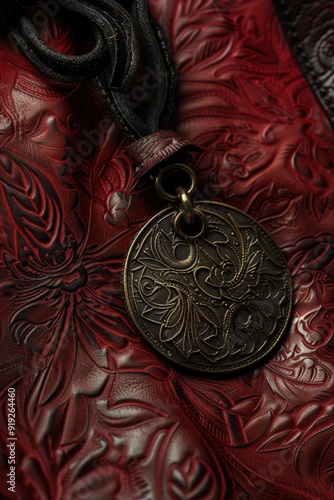 A close-up shot of a leather purse featuring a decorative medallion