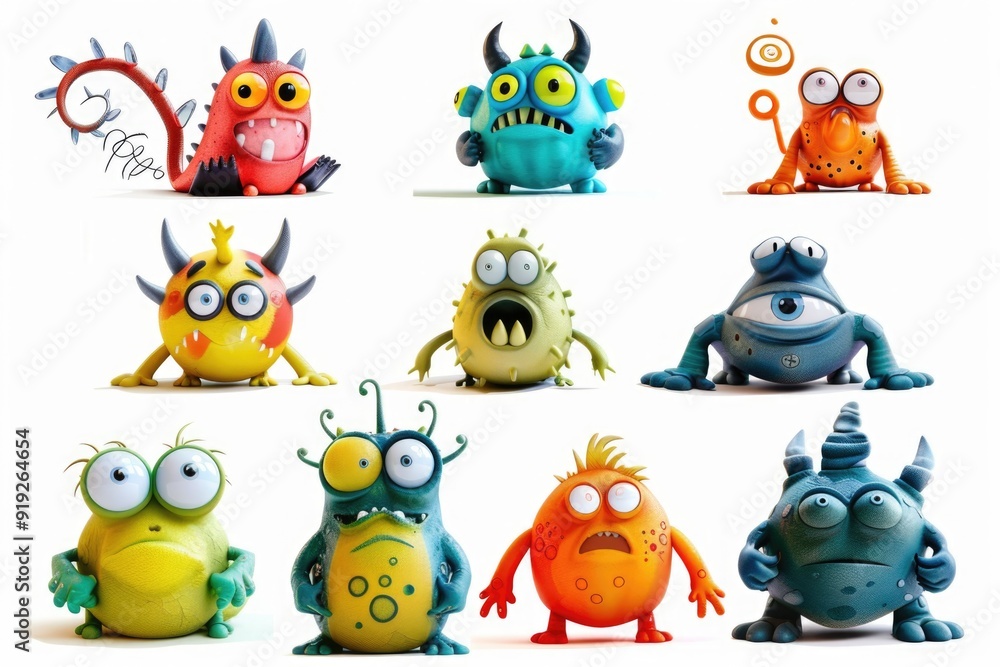 Obraz premium A collection of colorful monsters on a white background, perfect for use in kids' illustrations, designs, and more