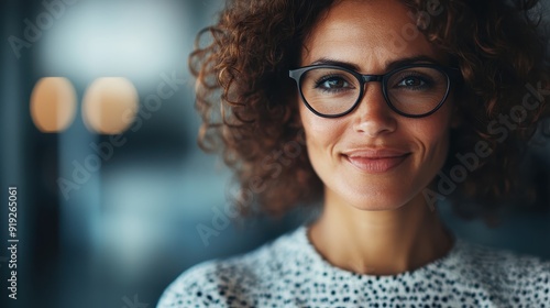 A confident woman with curly hair and glasses is smiling warmly. She is wearing a light polka-dotted blouse and the image conveys a sense of friendliness and self-assuredness.