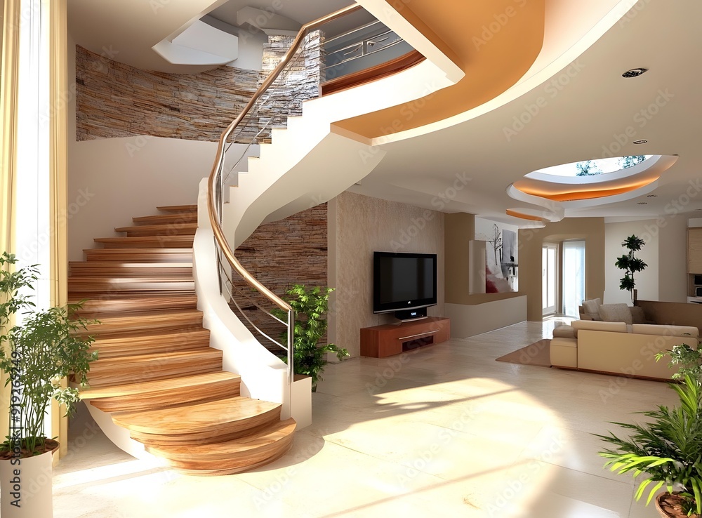 Modern Interior Design with Wooden Staircase and Curved Ceiling Modern Interior Design with Wooden Staircase and Curved Ceiling