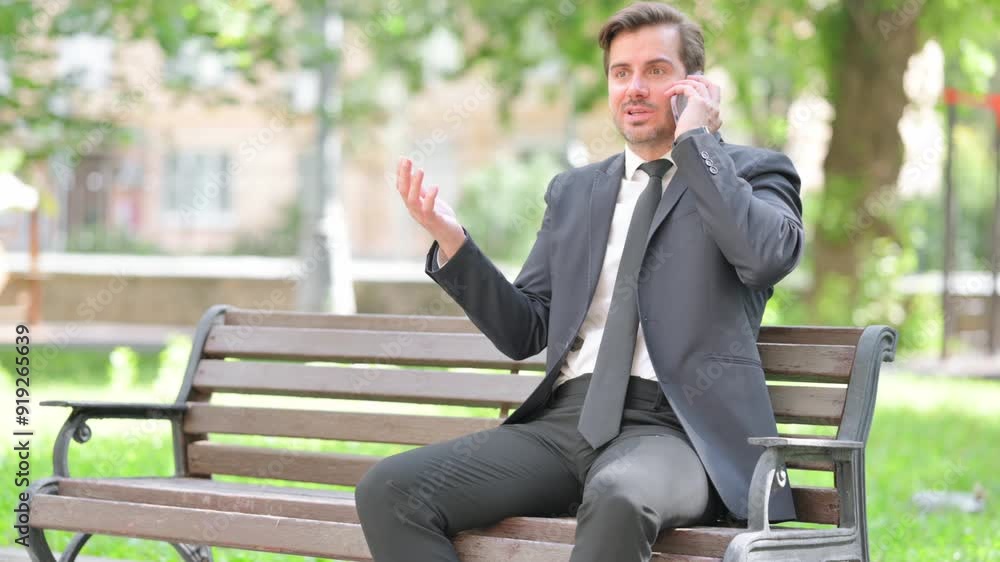 Angry Middle Aged Businessman Talking on Phone while Sitting Outdoor Angry Middle Aged Businessman Talking on Phone while Sitting Outdoor