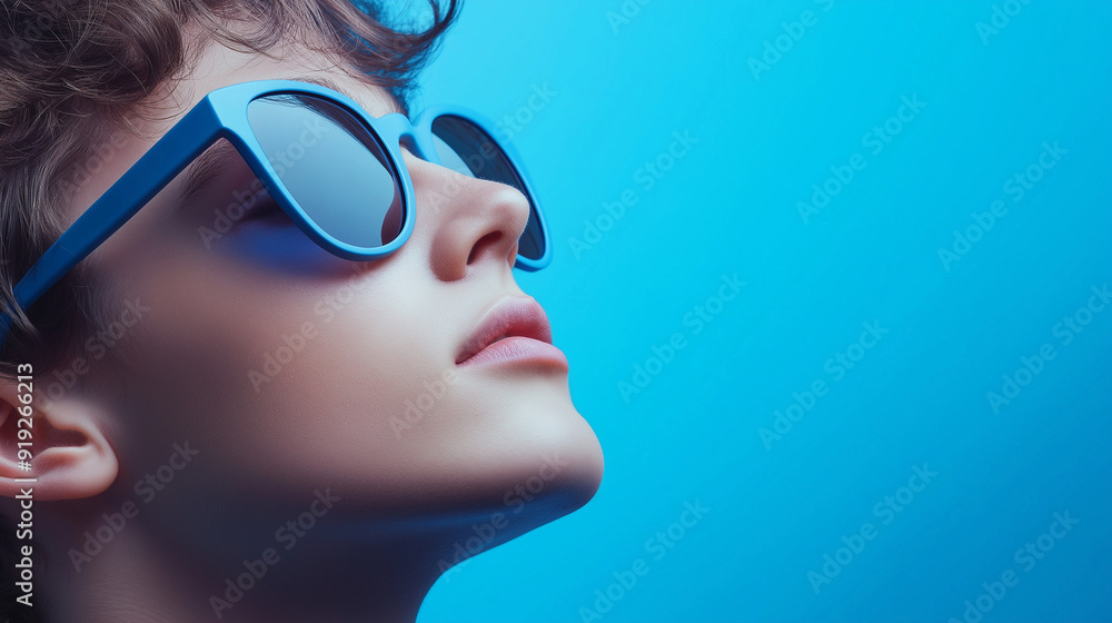 Side profile person with blue sunglasses on blue background Side profile person with blue sunglasses on blue background