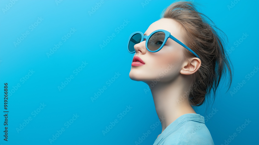 Side profile person with blue sunglasses on blue background Side profile person with blue sunglasses on blue background