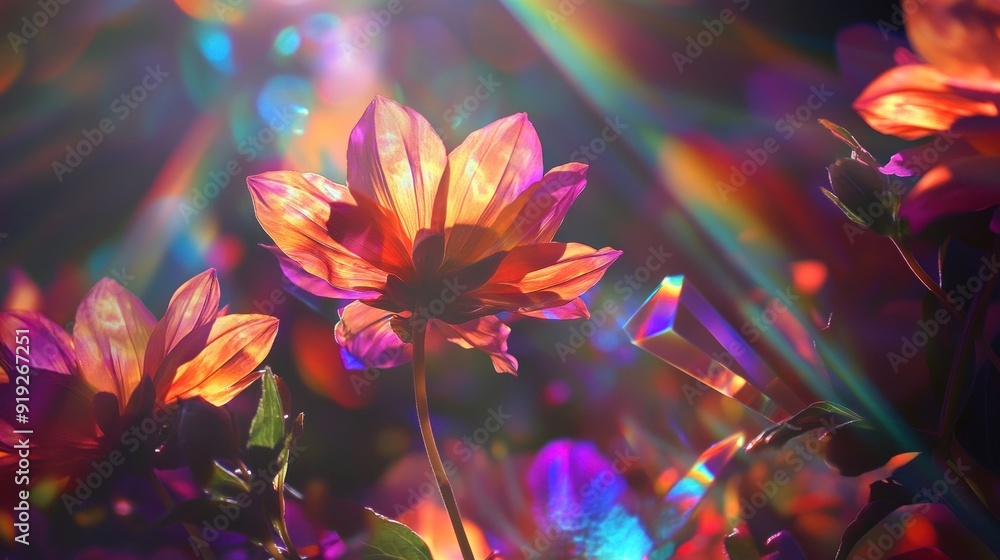 Vibrant Pink and Orange Flower with Rainbow Lens Flare Vibrant Pink and Orange Flower with Rainbow Lens Flare