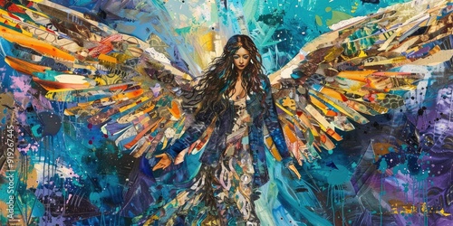 Abstract collage of woman with angel wings.