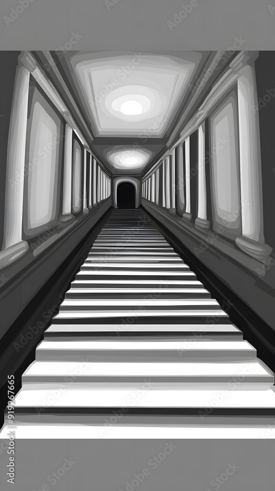 Fototapeta premium Black and White Illustration of a Staircase in a Hallway